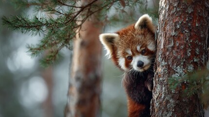 Red Panda Climbing Tree in Lush Forest Environment Wildlife Scene