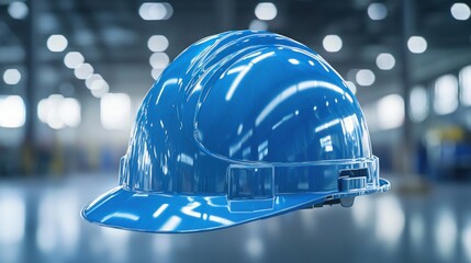 Blue safety helmet on industrial background