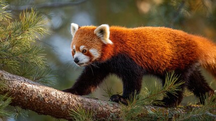 Fototapeta premium Red Panda Walking Along Tree Limb in Natural Habitat Portrait