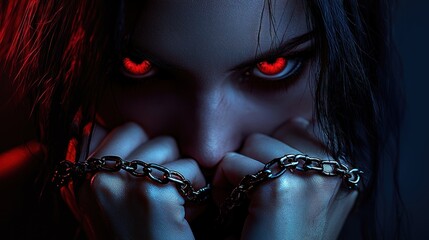 Woman with glowing eyes and chained hands
