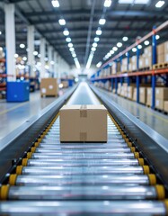 A cardboard box on a conveyor belt in the middle of an industrial warehouse 