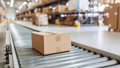 A cardboard box on a conveyor belt in the middle of an industrial warehouse 
