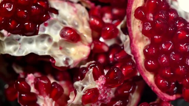 A seamless 4K slow-motion loop of a deconstructed, fresh pomegranate spinning smoothly on a dark surface. The clip highlights the mesmerizing cascade of juicy, ruby-red seeds (arils) spilling 