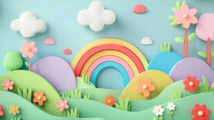 Whimsical 3D paper art scene with a rainbow, flowers, and clouds. Shot from a front angle, ideal for a playful video background or children's content. Live desktop wallpaper.