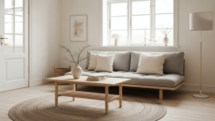 Fototapeta premium A minimalist living room featuring a gray sofa wooden coffee table round rug large window floor lamp and light-toned walls