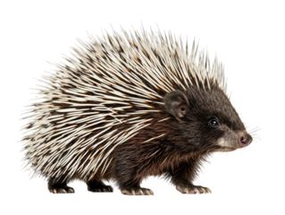 Quilled hedgehog facing left with dark fur and striking black and white quills