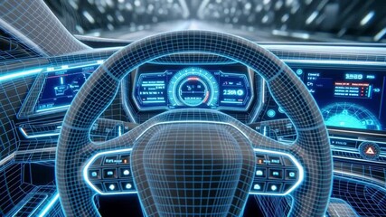 Futuristic autonomous car interior with holographic wireframe overlay. Camera slowly zooms on the steering wheel while blue UI panels animate across the dashboard and scanning grid lines flow. - Powered by Adobe