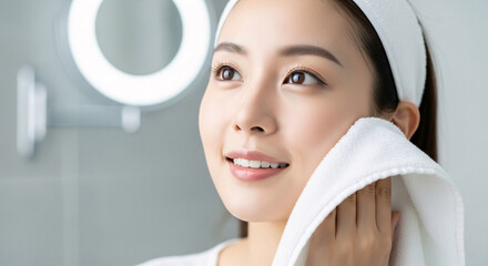 Close-up of a smiling Asian woman gently wiping her face with a soft towel after cleansing, symbolizing skincare and morning routine.