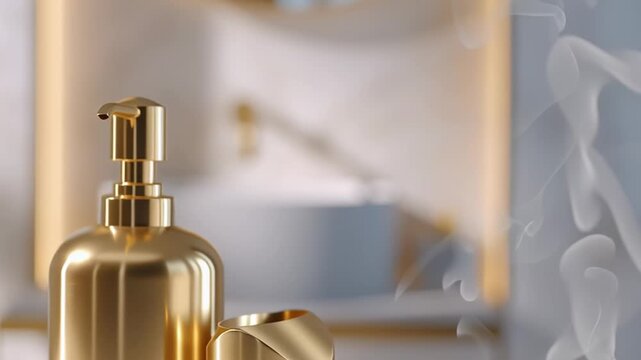 Spa still life with stacked white towels and gold pump bottles in bright bathroom, steam curls upward in warm light while camera gently shifts focus, evoking hygiene and self care.