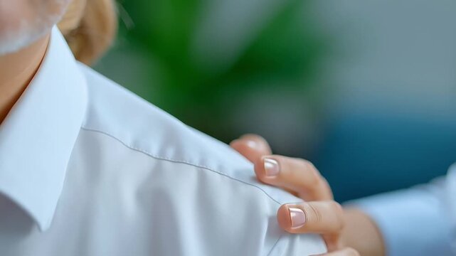 Close-up of a supportive hand on a shoulder of a person in white shirt indoors; fingers gently squeeze, release, and pat, showing empathy, reassurance, and calm caregiving in quiet soft light.