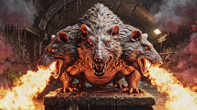 Cerberus Statue with Flames in Ancient Temple.