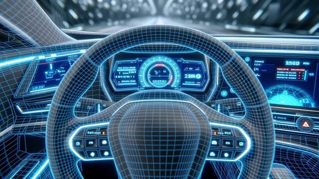 Futuristic autonomous car interior with holographic wireframe overlay. Camera slowly zooms on the steering wheel while blue UI panels animate across the dashboard and scanning grid lines flow.