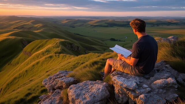 Man sits on rocky cliff above rolling green hills at sunset, studying a paper map. He shifts posture, turns the map pages, and scans the landscape in warm golden light.