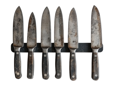 Row of six old, worn, and rusty kitchen knives mounted on a black bar - Powered by Adobe