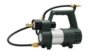 Dark green air compressor with black hoses and gold fittings sits on black background, perfect for...