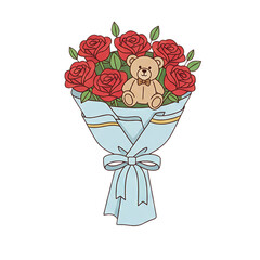bouquet of roses and teddy bear on white background.