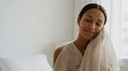 Serene woman with freckles feeling soft white cloth on her skin