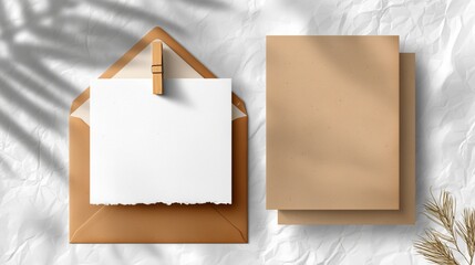 A recycled kraft paper envelope and white card with blank and empty space for custom text. The background is crumpled white paper with subtle wrinkles.