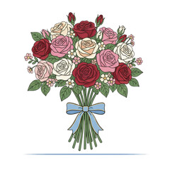 bouquet of roses tied with blue ribbon on a white background.