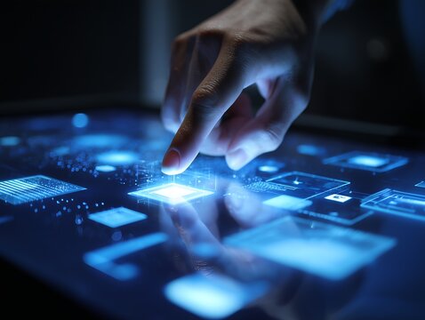 未来的なタッチパネルを指先で操作するデジタル技術とインターフェースのイメージ