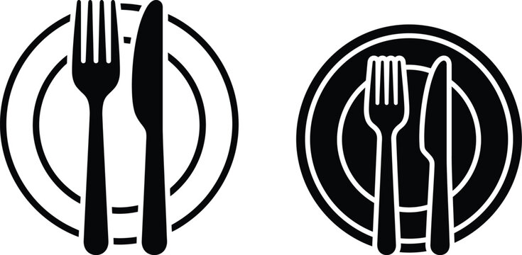 Dining set icon, fork and knife on plate symbols