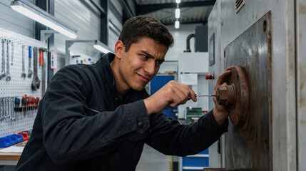 Young mechanic working on industrial machine with screwdriver