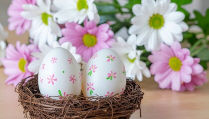 Two white easter eggs in a woven nest with pink and white daisy flowers in the background in a still life composition