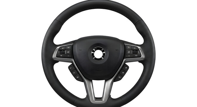 Black leather car steering wheel shows stitched texture with controls. For product photography or branding.