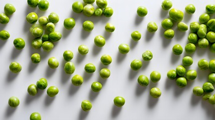 A vibrant display of green peas scattered on a clean white surface.
