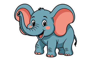 Fototapeta premium A cartoon elephant with big ears and a happy face stands on a white background