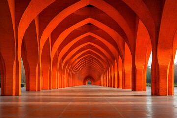 Fototapeta premium Long corridor featuring symmetrical rows of dramatic orange arches receding into the distance