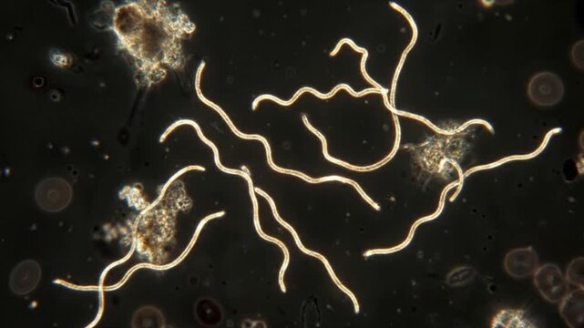 Lyme disease spirochetes floating in a liquid. Microscopic photo of a spirochete of Lyme disease bacteri. Lyme disease bacteria gather in one place in colonies surrounded by a biofilm.	
