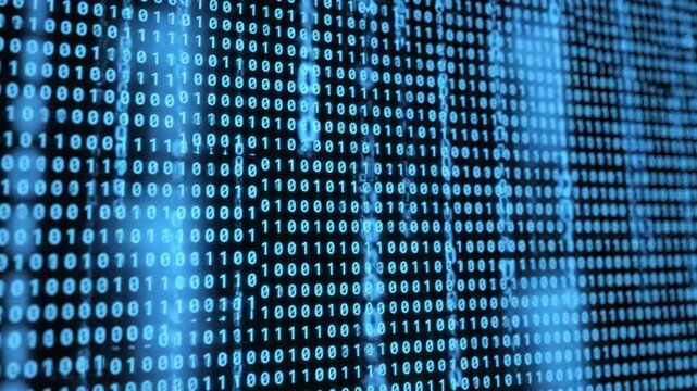  High-tech blue binary data animation on a computer screen, continuous data movement, futuristic cyber mood, clean loopable motion background