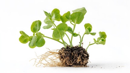 A small green plant with exposed roots growing in soil on a white background.
