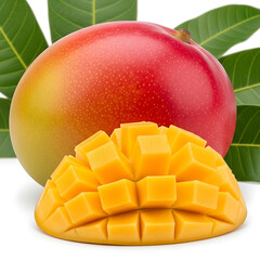 Fresh mango fruit with leaves and sliced cubes on white background