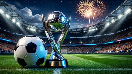 soccer ball and trophy on field in stadium with spotlights at night