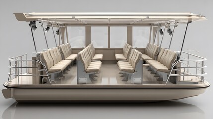 A luxurious beige boat with comfortable seating and a canopy for shade on a calm gray background.
