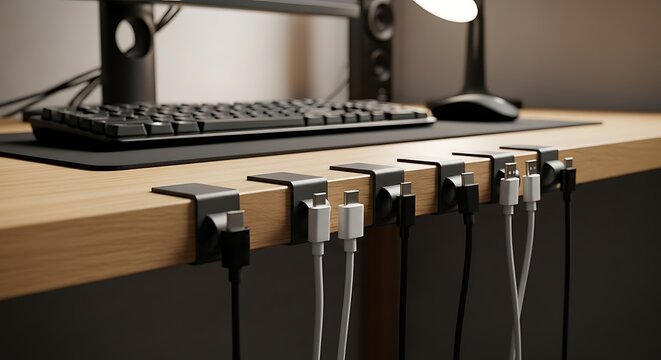 Modern desk organizer for USB cables and other accessories keeping workspace tidy and efficient with sleek black cable management system and light wood desk