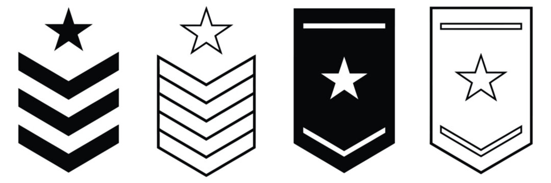 military rank badge icon set editable stroke chevron emblems in simple flat line vector style, a premium ranked vector illustration set showcasing flat line chevrons, rank badges, and minimalist