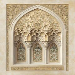 Elaborate three panel arched architectural element features intricate relief carving and detailed ornamentation