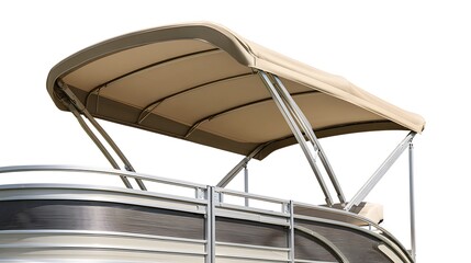A close-up view of a boat's canopy and railing on a white background.