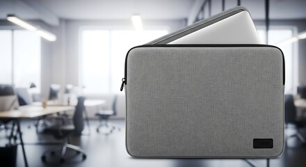 Sleek grey laptop sleeve with a silver laptop inside displayed prominently in a modern office setting with a blurred background of workstations.