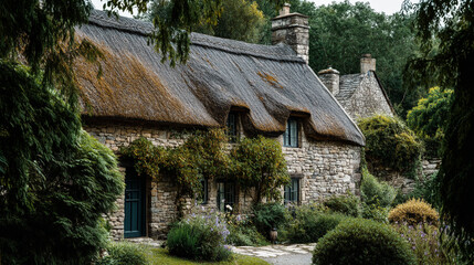 A charming stone cottage with a thatched roof surrounded by lush greenery and vibrant gardens