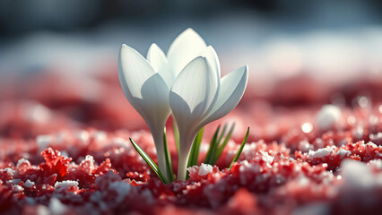 Macro shot of blooming red and white spring crocus flowers with purple petals and green leaves displaying nature's floral beauty in a garden during a vibrant spring bloom