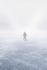 Obraz premium Clean composition of hockey player standing on empty ice arena. Concept of calm before competition, mental preparation, focus training moment, minimal sport background.