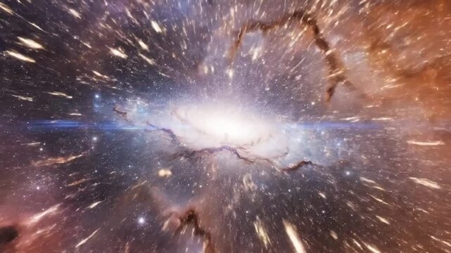 Infinite universe fly-through with camera moving through a galaxy filled with nebula clouds, glowing particles, and distant stars, epic cinematic space background