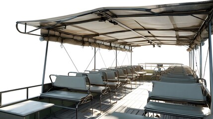 A large outdoor seating area with rows of comfortable lounge chairs under a canopy on a sunny day.
