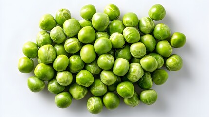 A vibrant pile of fresh green peas on a clean white background.