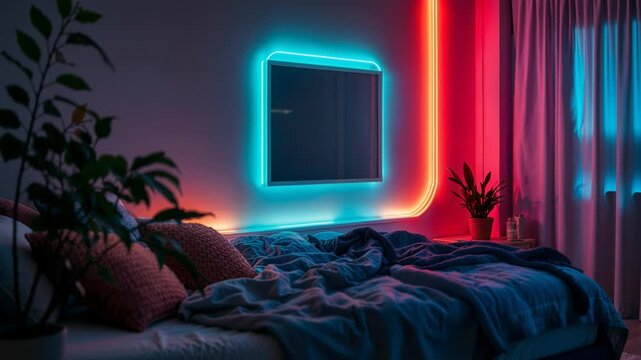 Modern bedroom interior featuring a comfortable bed and vibrant blue and red neon led light strips