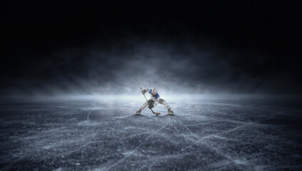 Dynamic poster hockey player skating with puck on ice. Concept of in-game puck control, offensive...